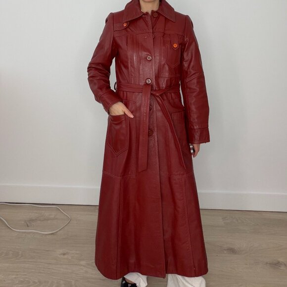 deep red leather trench coat S - Picture 1 of 11
